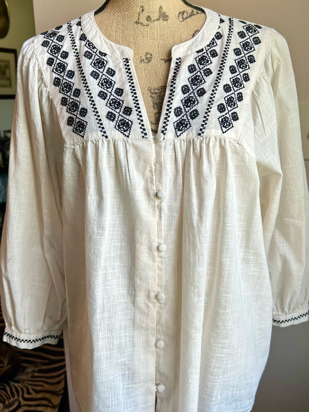 Wonderly White Button-Front Tunic with Black Embroidery